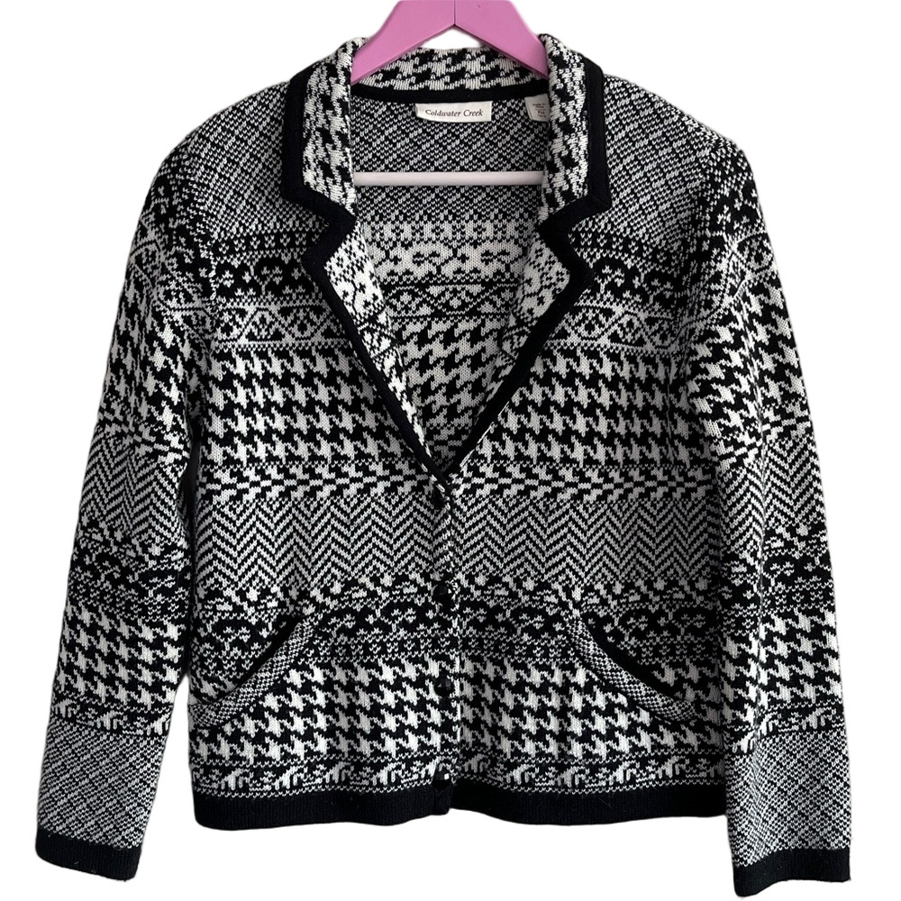 COLDWATER Creek Ladies Size Petite Medium Black White Patterned Cardigan